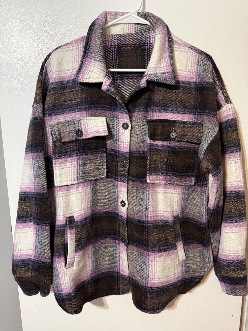 Plaid Teddy Shacket Jacket in Brown & Pink